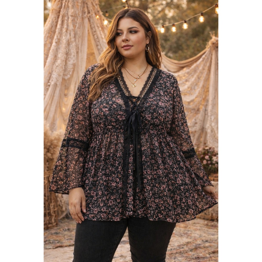 Vintage Y2K Sheer Floral Mesh Babydoll Blouse Plus Size 1X Boho‎ Lace Tie Front